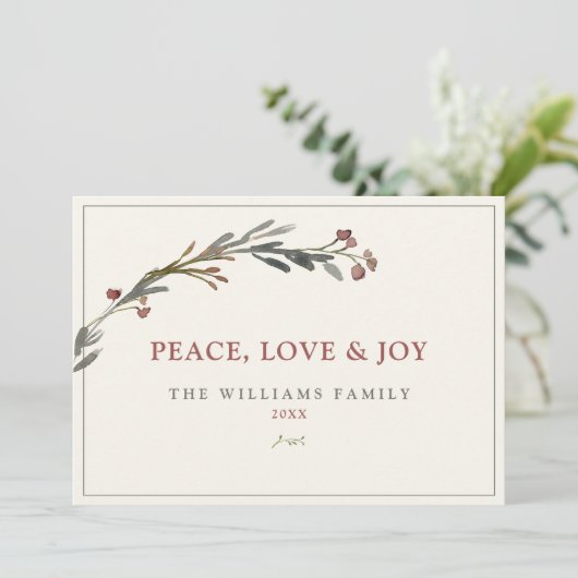 Vrede Liefde en vreugde Rode bessen Groen Feestdagenkaart (Staand voorkant)
