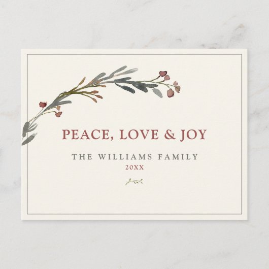 Vrede Liefde en vreugde Rode bessen Groen Feestdagenkaart (Voorkant)