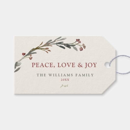 Vrede Liefde en Vreugde Rode Bessen Groene Kerst Cadeaulabel (Voorkant (Horizontaal))