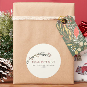 Vrede Liefde en Vreugde Rode Bessen Groene Kerst Ronde Sticker
