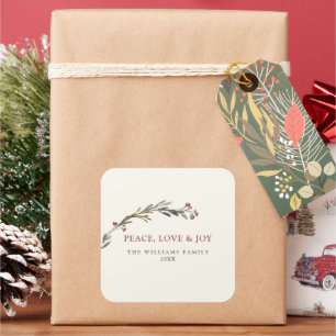 Vrede Liefde en Vreugde Rode Bessen Groene Kerst Vierkante Sticker