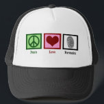 Vrede Liefde Forensische afdeling Forensische Lab  Trucker Pet<br><div class="desc">Als je forensische wetenschap fascinerend vindt,  is dit een cool pet voor een forensisch wetenschapper. Het bevat een vredesteken,  hart en vingerafdruk voor een rechercheur in het onderzoek op de plaats delict. Peace Love Forensics pet.</div>