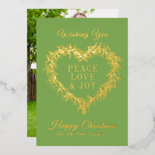 Vrede, liefde goud groene maretak hart Kerstmis Folie Feestdagenkaart