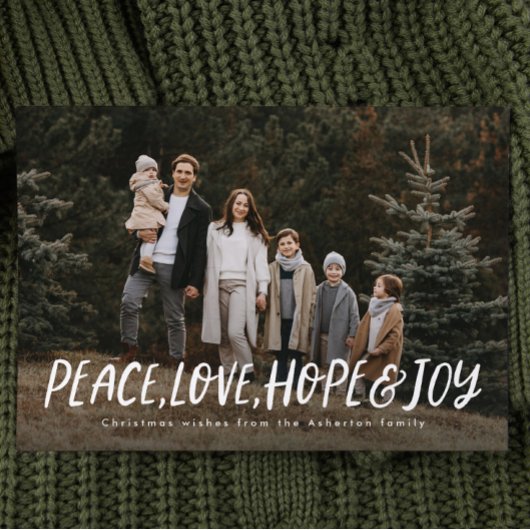 Vrede liefde hoop vreugde eenvoudige kerstfoto feestdagenkaart