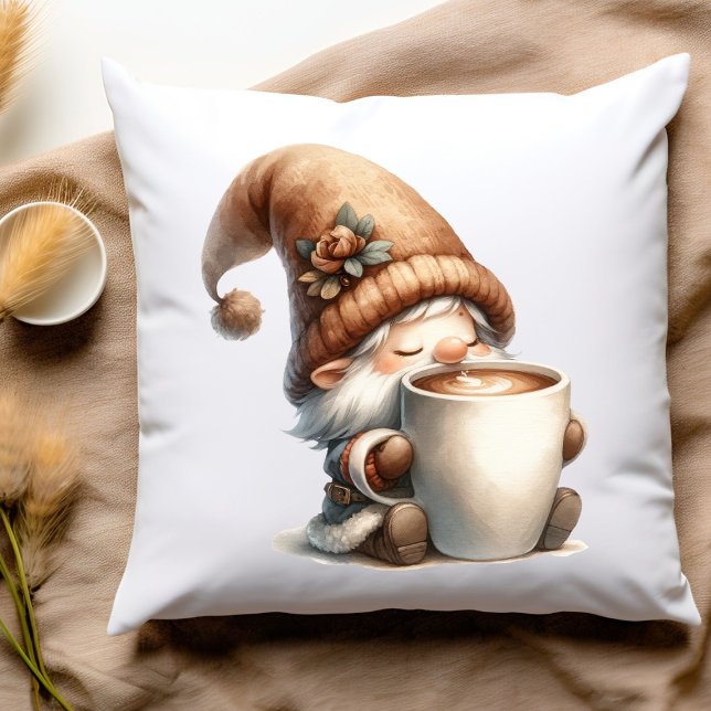 "Vrede, Liefde, Koffie" Happy Gnome Drink Koffie Kussen (Happy gnome drinking coffee pillow)