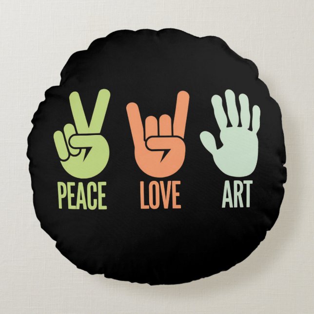 Vrede Liefde Kunst – Creatieve Expressie Rond Kussen (Voorkant)