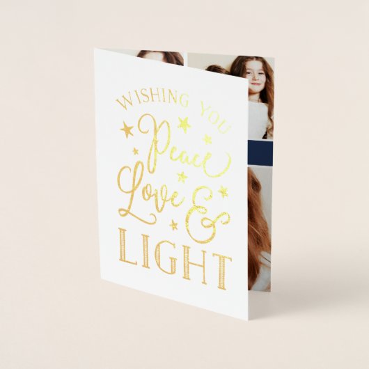 Vrede, liefde & licht | Chanoeka Fotocollage Goud Folie Kaarten (Voorkant)