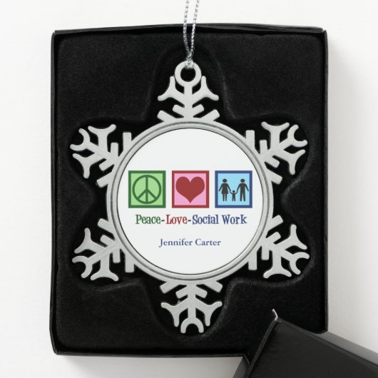 Vrede Liefde Maatschappelijk werk Gepersonaliseerd Tin Sneeuwvlok Ornament (Kistje)