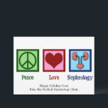 Vrede Liefde Nefrologie Kerstmis Nefroloog Feestdagenkaart<br><div class="desc">Een mooie nefroloog vakantiekaart voor een nierspecialist. Peace Love Nephrology-kerstkaarten voor uw favoriete arts of verpleegkundige op die medische afdeling,  met een vredesteken,  hart en een tekening van roze nieren.</div>