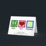 Vrede Liefde Pickleball Schattige Kerstmis Feestdagen Kaart<br><div class="desc">Peace Love Pickleball vakantiepas voor een pickle ball speler met een schattig vredesteken,  hart,  en een gele bal voor de sport. Prettige feestdagen Personaliseer met je eigen bericht voor  sportclub kerstkaarten.</div>