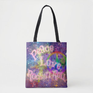 Vrede, Liefde & Rock 'n Roll Helder Boho Hippie Tote Bag