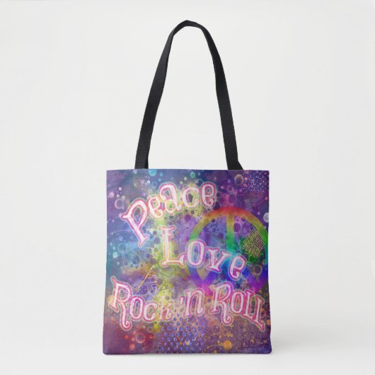 Vrede, Liefde & Rock 'n Roll | Helder Boho Hippie Tote Bag (Voorkant)