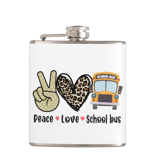 Vrede, liefde, schoolbus heupfles (Voorkant)