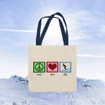 Vrede Liefde Ski Trip Leuk Skiën Tote Bag<br><div class="desc">Een schattig ski-canvas tas cadeau voor een fervent skiër die graag naar de piste gaat in de winter. Een vredesteken,  hart,  en een persoon op ski's langs een besneeuwde berg in  blauw. Een cool ski kerstcadeau.</div>