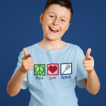 Vrede Liefde Squash Racquet Sport Kinder T-shirt<br><div class="desc">Peace Love Squash kinder T-shirt voor een kindspeler van de sport,  met een vredesteken,  hart en racket.</div>