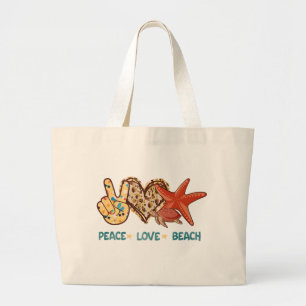 Vrede, liefde, strand Hand-vrede, hart, schildpa Grote Tote Bag