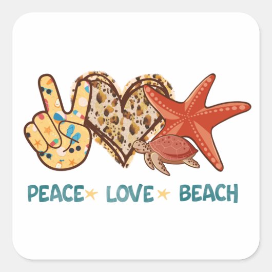 Vrede, liefde, strand | Hand-vrede, hart, schildpa Vierkante Sticker (Voorkant)