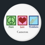 Vrede Liefde Trombone Speler Schattige Custom Magneet<br><div class="desc">Custom Peace Love Trombone magneet voor een lid van de marcherende band die graag een messing instrument speelt. Een schattig vredesteken,  hart en trombone op een gepersonaliseerd geschenk.</div>