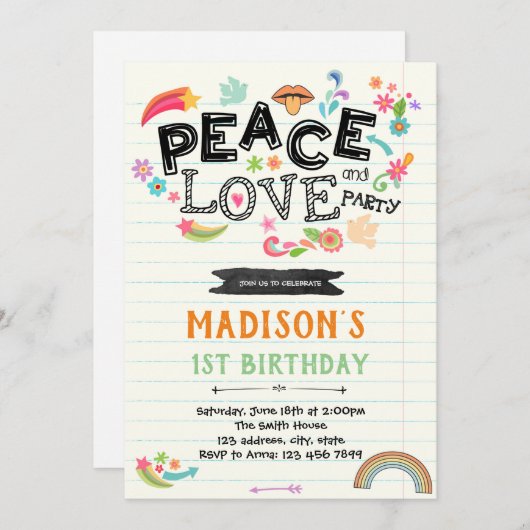 Vrede liefde verjaardagsfeestje uitnodiging (Voorkant / Achterkant)