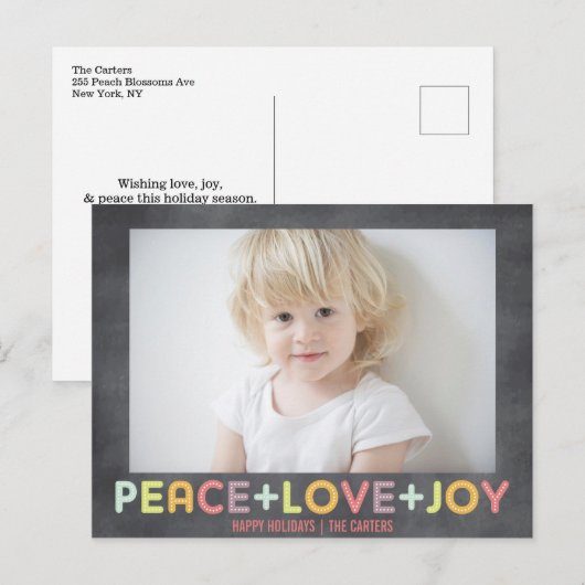 VREDE LIEFDE VREUGD KRIJTBOORD FEestdagen FOTO (Voorkant / Achterkant)