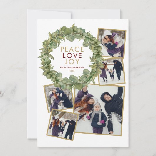 Vrede Liefde Vreugde 5 Foto Groene Krans Kerstmis Feestdagenkaart (Voorkant)