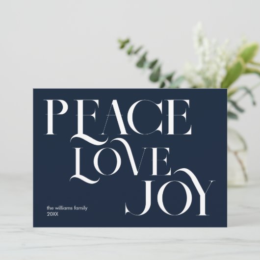 Vrede Liefde Vreugde Blauw Wit Elegant Kerstmis Feestdagenkaart (Staand voorkant)