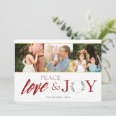 Vrede Liefde Vreugde Drie Foto Familie Kerstmis Feestdagenkaart (Staand voorkant)