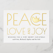 Vrede, Liefde, Vreugde en duif Kerstmis goud Folie Feestdagenkaart (Voorkant)