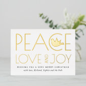 Vrede, Liefde, Vreugde en duif Kerstmis goud Folie Feestdagenkaart (Staand Voorkant)