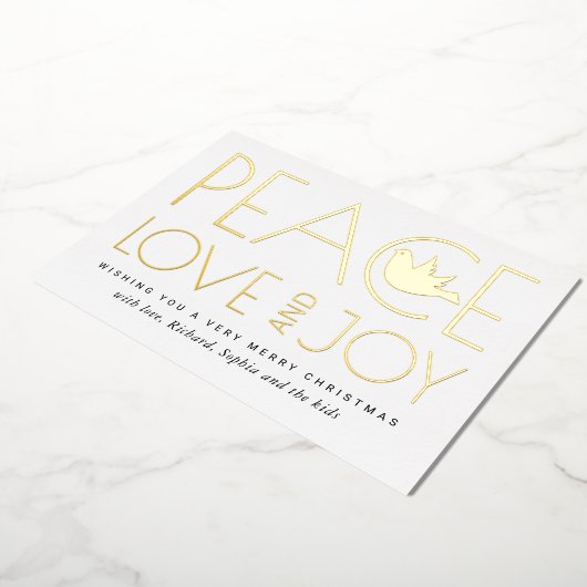 Vrede, Liefde, Vreugde en duif Kerstmis goud Folie Feestdagenkaart (Gedraaid)