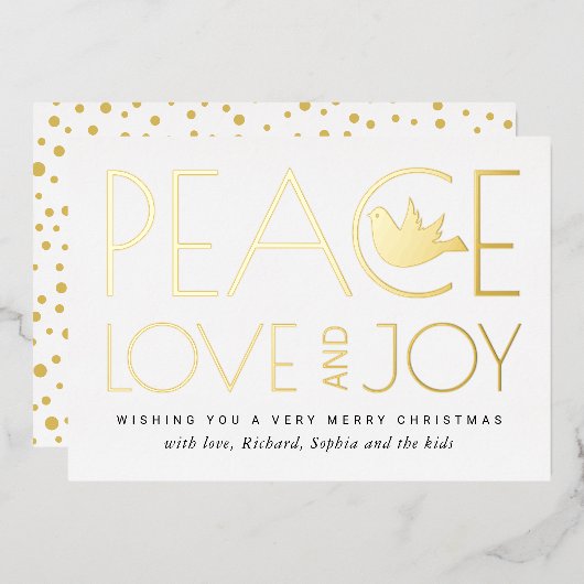 Vrede, Liefde, Vreugde en duif Kerstmis goud Folie Feestdagenkaart (Voorkant / Achterkant)