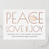 Vrede, Liefde, Vreugde en duif Kerstmis roze goud Folie Feestdagenkaart (Voorkant)