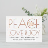 Vrede, Liefde, Vreugde en duif Kerstmis roze goud Folie Feestdagenkaart (Staand Voorkant)