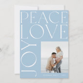 Vrede Liefde Vreugde foto blauw wit Kerstmis Feestdagenkaart (Voorkant)