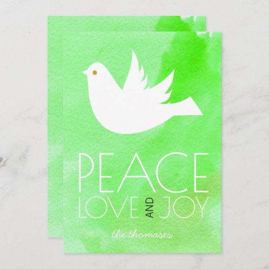 Vrede, liefde, vreugde, groene waterverf en duif k feestdagenkaart (Voorkant / Achterkant)