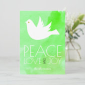 Vrede, liefde, vreugde, groene waterverf en duif k feestdagenkaart (Staand voorkant)
