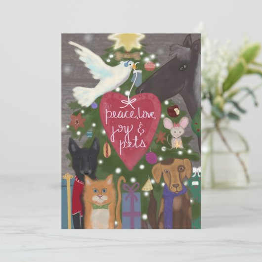 Vrede, Liefde, Vreugde, Huisdieren met Kerstmis Feestdagenkaart (Staand voorkant)