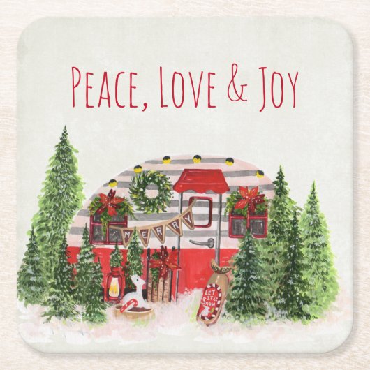 Vrede, Liefde & Vreugde Kerst Trailer Camper Kartonnen Onderzetters (Voorkant)