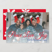 Vrede Liefde Vreugde Kerstmis Uw Foto Rood Script Feestdagenkaart (Voorkant / Achterkant)