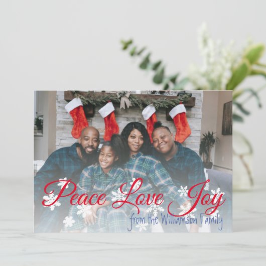 Vrede Liefde Vreugde Kerstmis Uw Foto Rood Script Feestdagenkaart (Staand voorkant)