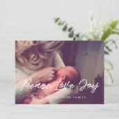 Vrede Liefde Vreugde Moderne Typografie Foto Feestdagenkaart (Staand voorkant)