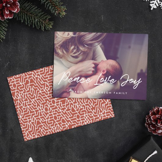 Vrede Liefde Vreugde Moderne Typografie Foto Feestdagenkaart