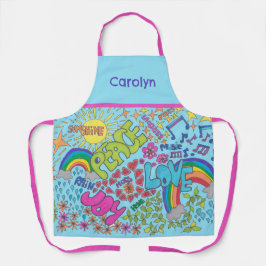 Vrede, liefde, vreugde. Retro 1960s tekening, jouw Schort