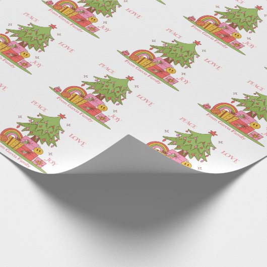Vrede Liefde & Vreugde Retro Kerstboom Aangepaste  Cadeaupapier (Hoek)