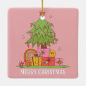 Vrede, Liefde & Vreugde - Retro Kerstboom in Roze Keramisch Ornament (Achterkant)