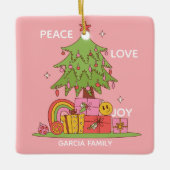 Vrede, Liefde & Vreugde - Retro Kerstboom in Roze Keramisch Ornament (Voorkant)