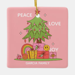 Vrede, Liefde & Vreugde - Retro Kerstboom in Roze Keramisch Ornament