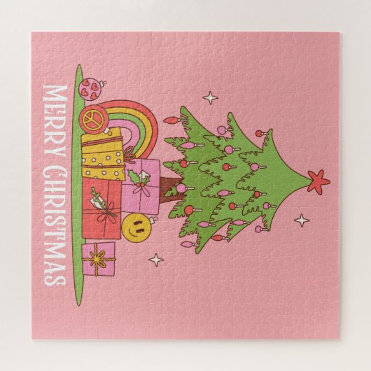Vrede, Liefde & Vreugde - Retro Kerstboom in Roze Legpuzzel (Horizontaal)