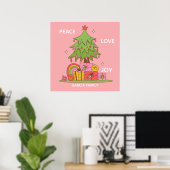 Vrede, Liefde & Vreugde - Retro Kerstboom in Roze Poster (Thuiskantoor)