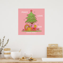 Vrede, Liefde & Vreugde - Retro Kerstboom in Roze Poster